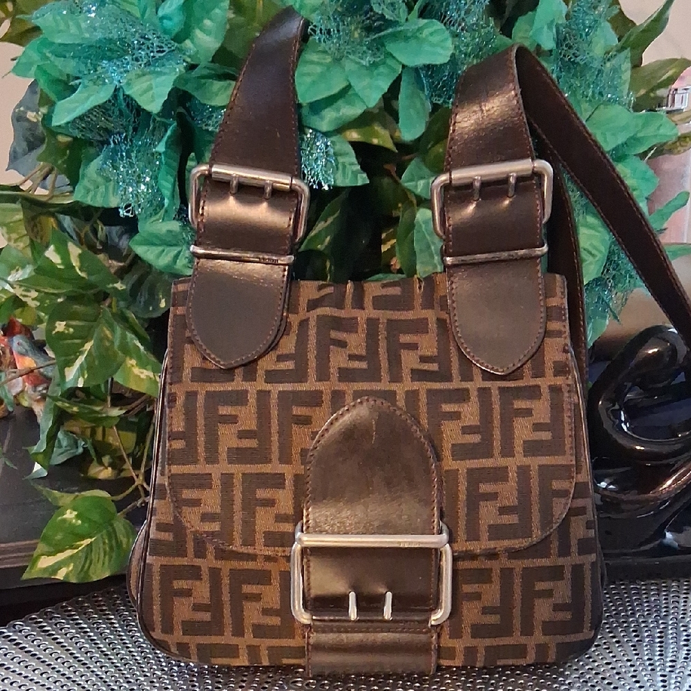 Fendi Zucca Brown Vintage Monogram Buckle Shoulder Bag.